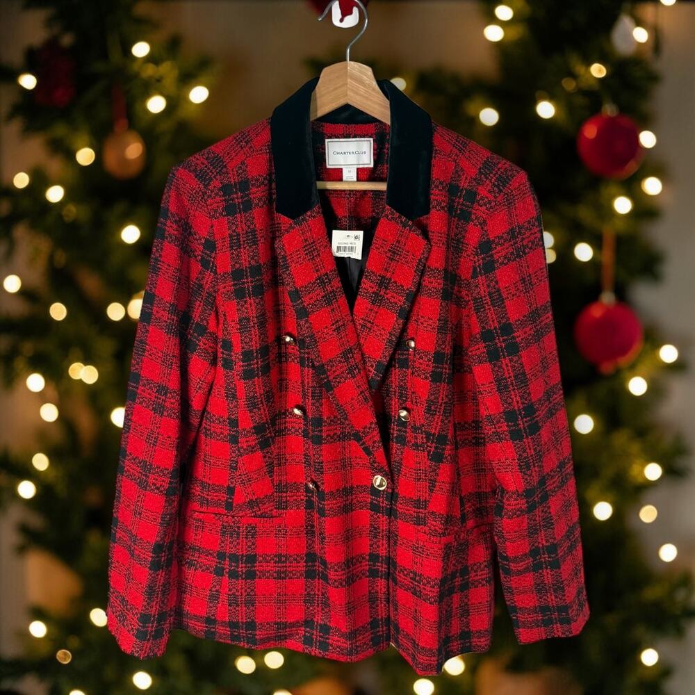 ⭐️Charter Club NWT Women's 12 Red & Black Plaid Double Breasted Blazer Jacket